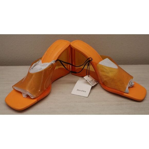 Bershka Women's Sz 9 Bright Orange Clear Detail  Square Toe Wedge Mules - Picture 10 of 12